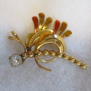Vintage Gold Tone Brooch Pin Mythical Winged Insect Rhinestone & Enamel Accents